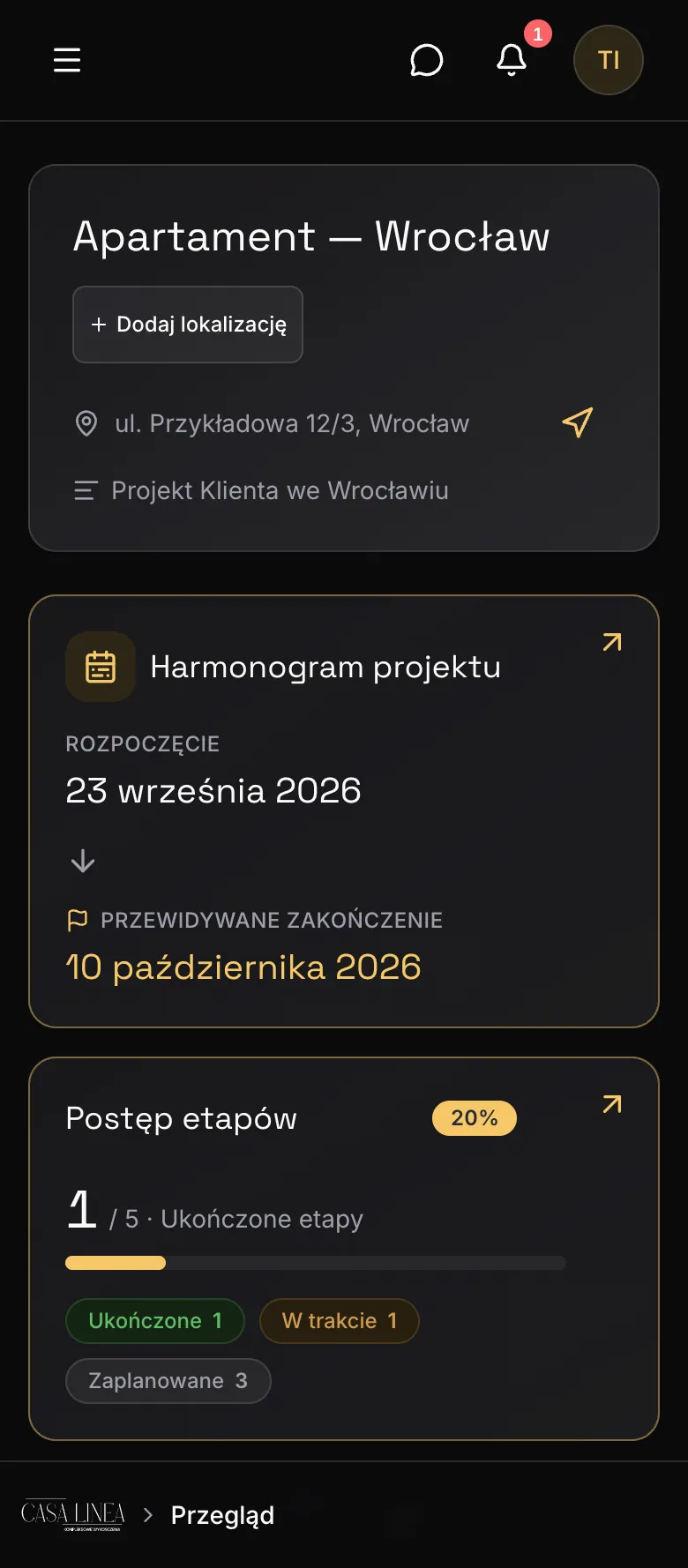 Zrzut ekranu Renoview na telefonie: postęp remontu widziany przez inwestora, z terminami i licznikiem ukończonych etapów. Dane przykładowe.